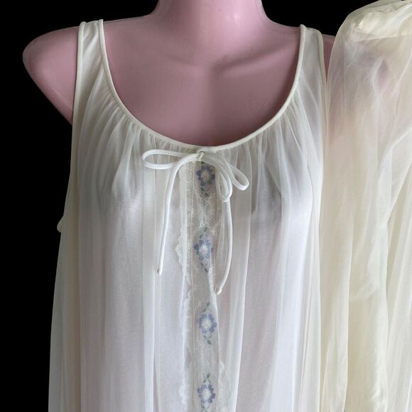 Vintage Miss Elaine Nightgown Robe Set Womens Medium White Sheer Lace Floral 70s - Picture 3 of 6